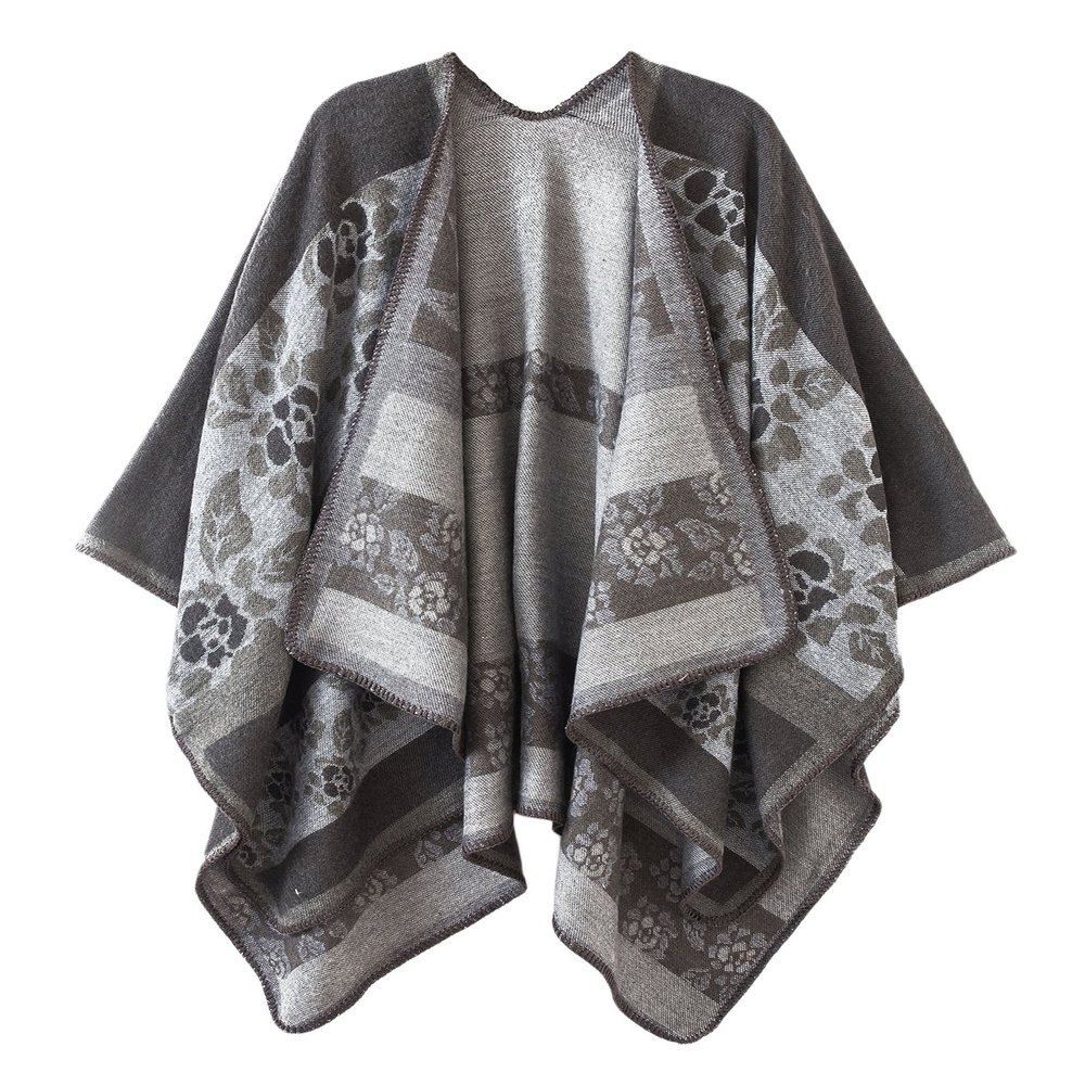 EXCHIC Womens Retro Warm Shawls Poncho Cape Floral Printed Open Front Cardigans Sweater (Grey)