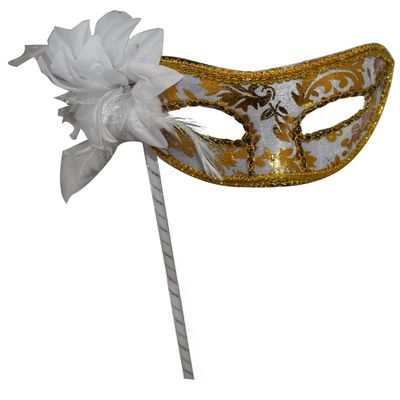 AZYOUNG Woman's Christmas Halloween Black Purple Red White Feather Flower Plastic Masquerade Mask on Stick,(White)