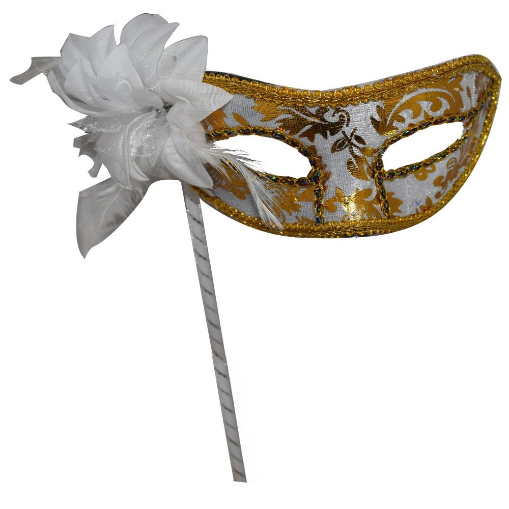 AZYOUNG Woman's Christmas Halloween Black Purple Red White Feather Flower Plastic Masquerade Mask on Stick,(White)