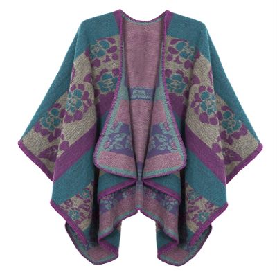 EXCHIC Womens Retro Warm Shawls Poncho Cape Floral Printed Open Front Cardigans Sweater (Blue-Purple)