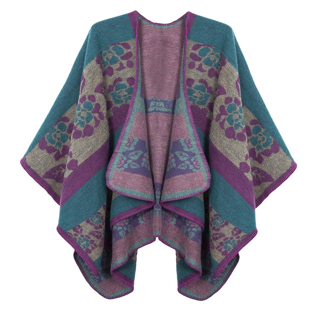 EXCHIC Womens Retro Warm Shawls Poncho Cape Floral Printed Open Front Cardigans Sweater (Blue-Purple)