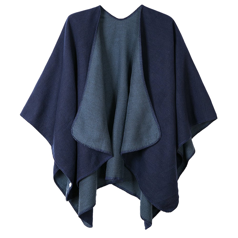 EXCHIC Women's Warm Shawls Wraps Open Front Cardigan Vintage Pattern Poncho Cape Sweater Coat (Navy Blue)