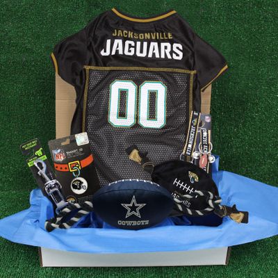 NFL Jacksonville Jaguars PET GIFT BOX with 2 Licensed DOG TOYS, 1 Logo-engraved NATURAL DOG TREAT, 1 NFL JERSEY, 1 NFL Puppy Training Bells & 1 Car Seatbelt