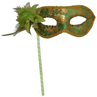 AZYOUNG Woman's Christmas Halloween Black Purple Red White Feather Flower Plastic Masquerade Mask on Stick,(Green)