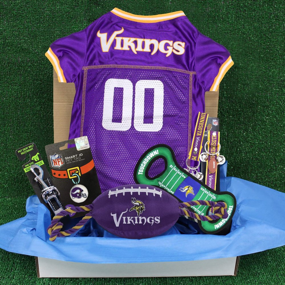 Minnesota Vikings PET GIFT BOX with 2 Licensed DOG TOYS, 1 Logo-engraved NATURAL DOG TREAT, 1 NFL JERSEY, 1 Puppy Training Bells & 1 Car Seatbelt