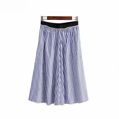 Dawery Womens Elegant Striped Midi Skirt Faldas Mujer Elastic Waist Pleated Ladies Summer Office Wear Mid Calf Chic Skirts L