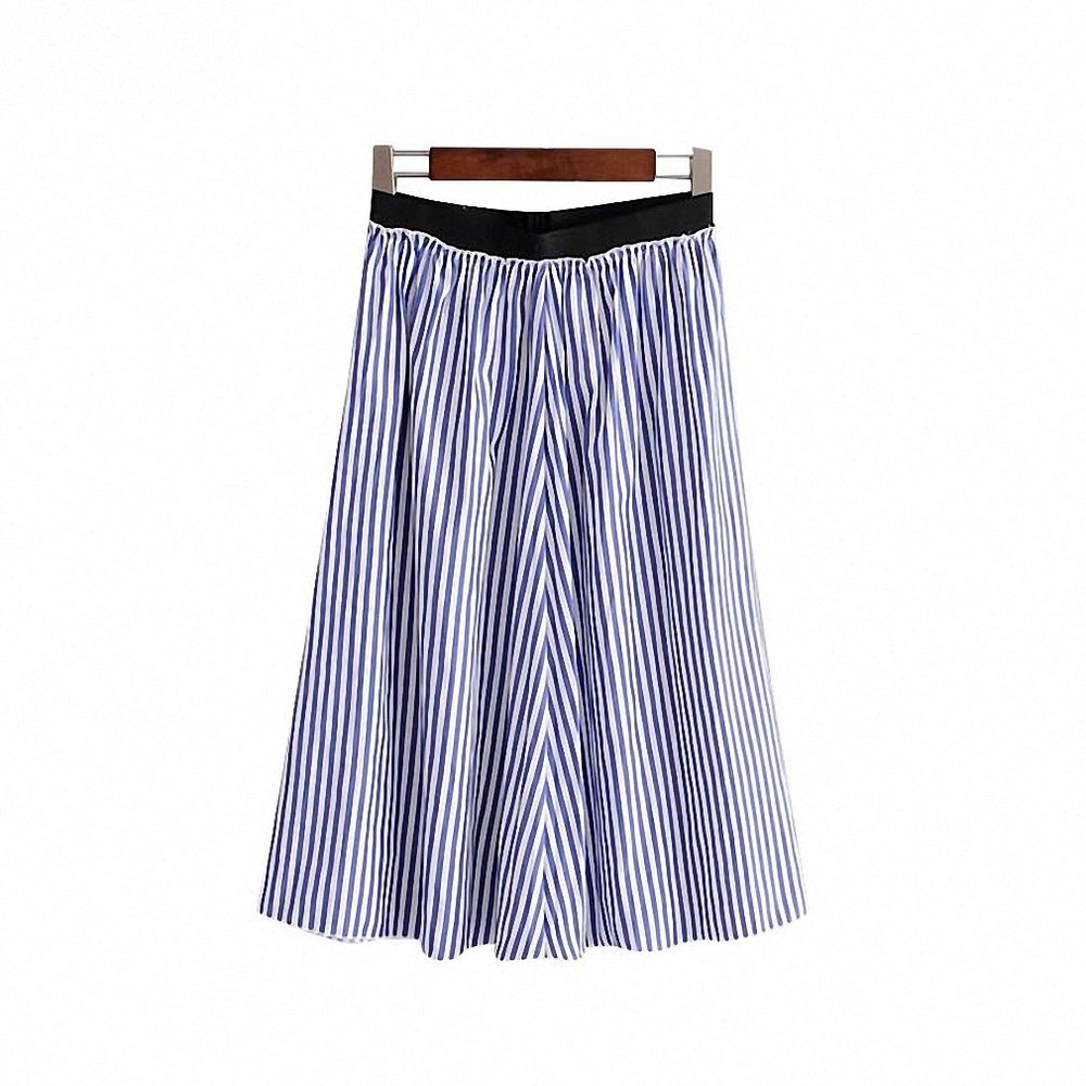Dawery Womens Elegant Striped Midi Skirt Faldas Mujer Elastic Waist Pleated Ladies Summer Office Wear Mid Calf Chic Skirts L