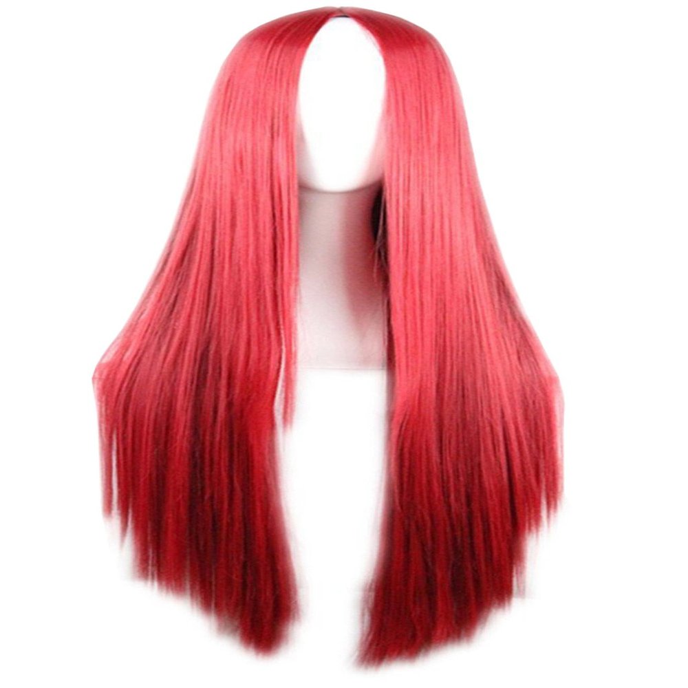 Flonding 75cm 29.5 inches Red Wig Women's Long Straight Middle Part Synthetic Hair Wigs No bangs Cosplay Anime Halloween Costume Party Hair Wig for Women with Wig Cap