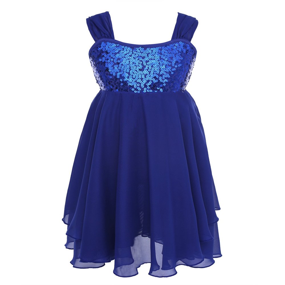 Agoky Kids Girls Sequined Irregular Chiffon Ballet Dance Dress Ballerina Gymnastics Leotard Dancing Costumes Blue 6-8