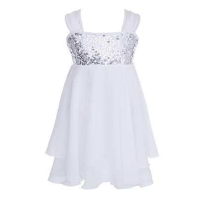 Agoky Kids Girls Sequined Irregular Chiffon Ballet Dance Dress Ballerina Gymnastics Leotard Dancing Costumes White 6-8