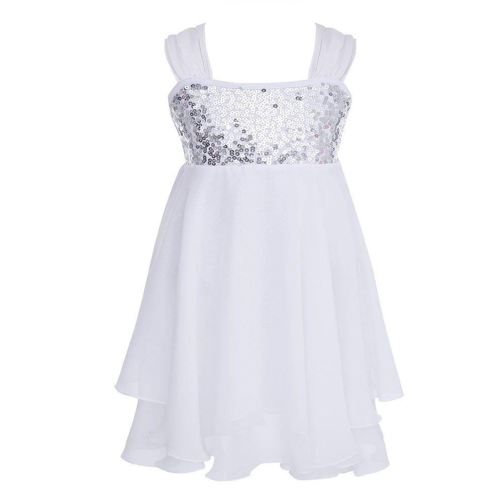Agoky Kids Girls Sequined Irregular Chiffon Ballet Dance Dress Ballerina Gymnastics Leotard Dancing Costumes White 6-8