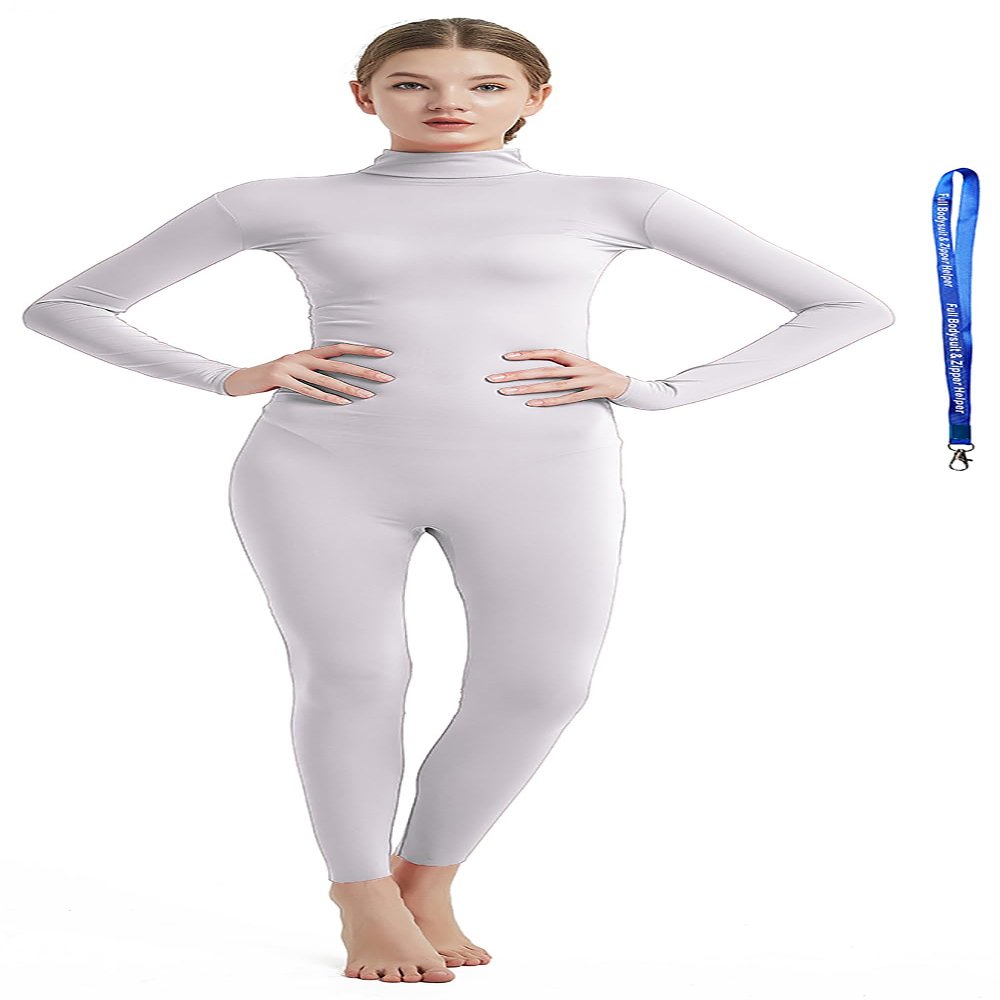 Full Bodysuit With Zipper Helper Womens Costume Without Hood and Gloves Socks Spandex Zentai Unitard (Small, White)