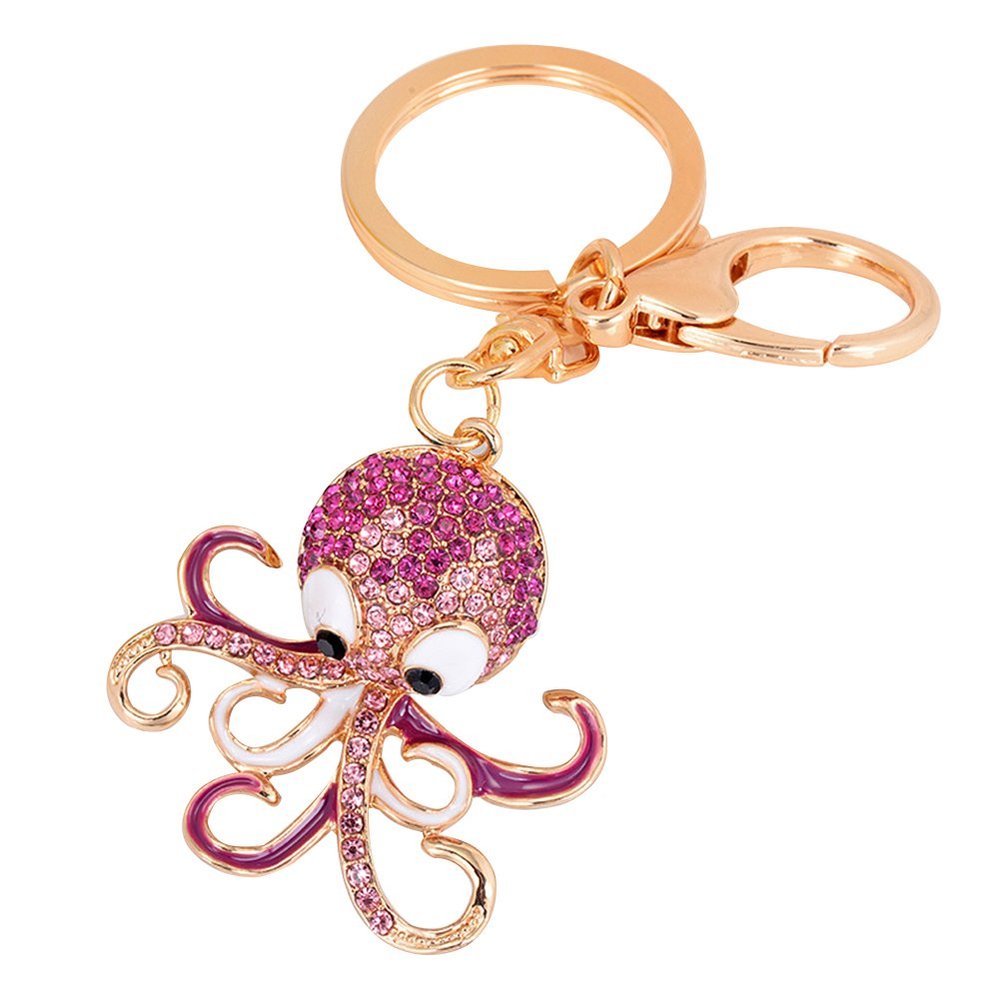 Heaven2017 Rhinestone Octopus Key Chain Women Bag Purse Wallet Charm - Rose Red