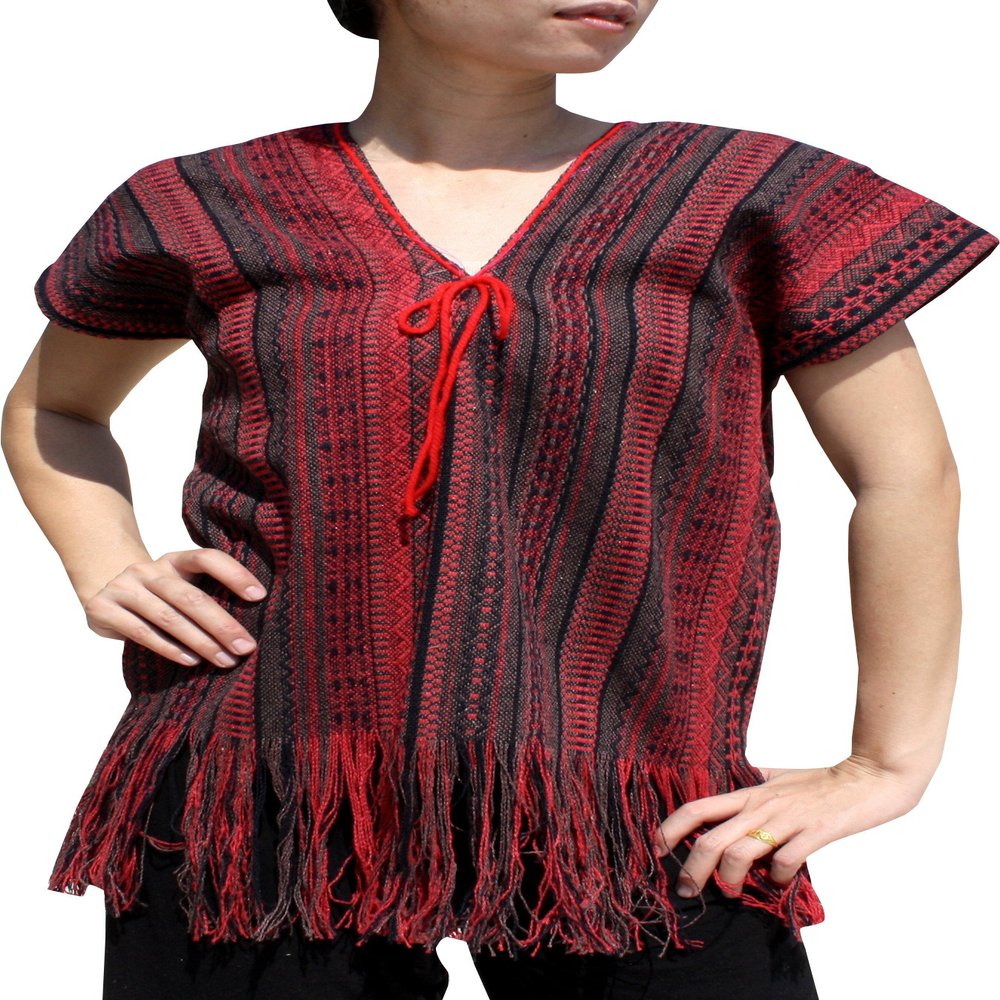 Full Funk Thai Mong Hill Tribe Short Style Funky Mexican Throw Over Poncho Shirt, Small, Rosewood Red