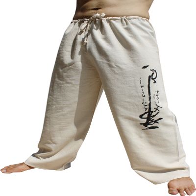RaanPahMuang Cotton Lounge Lizard Pullstring Pants Calligraphy Screen Print, X-Small-Small, Painting Art - Cream