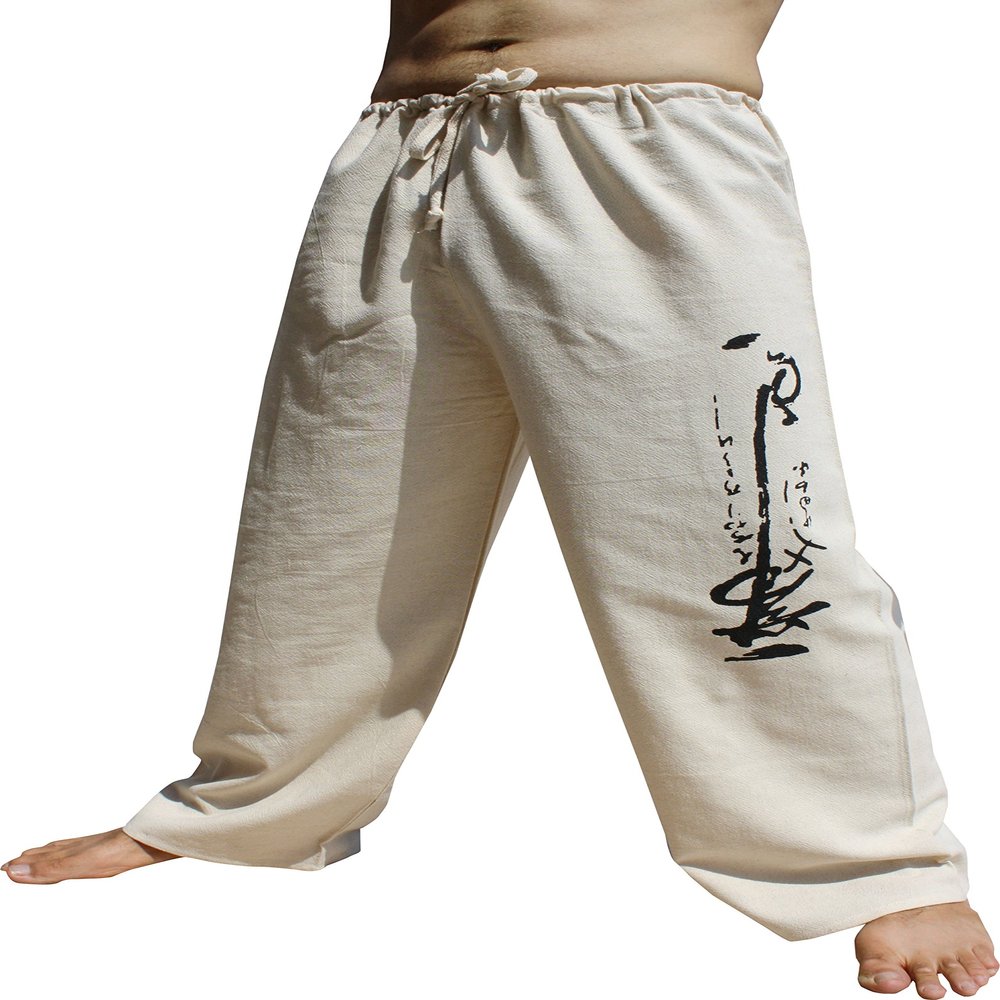 RaanPahMuang Cotton Lounge Lizard Pullstring Pants Calligraphy Screen Print, X-Small-Small, Painting Art - Cream