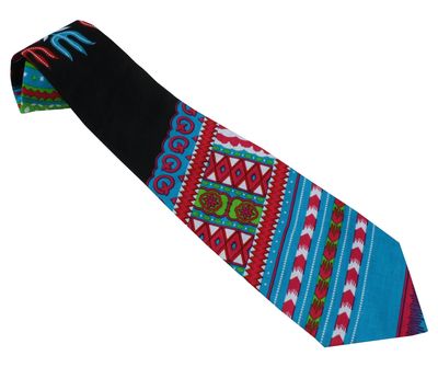 RaanPahMuang Branded Handmade Bold African Dashiki Printed Cotton Necktie Tie, Angle - Black SkyBlue