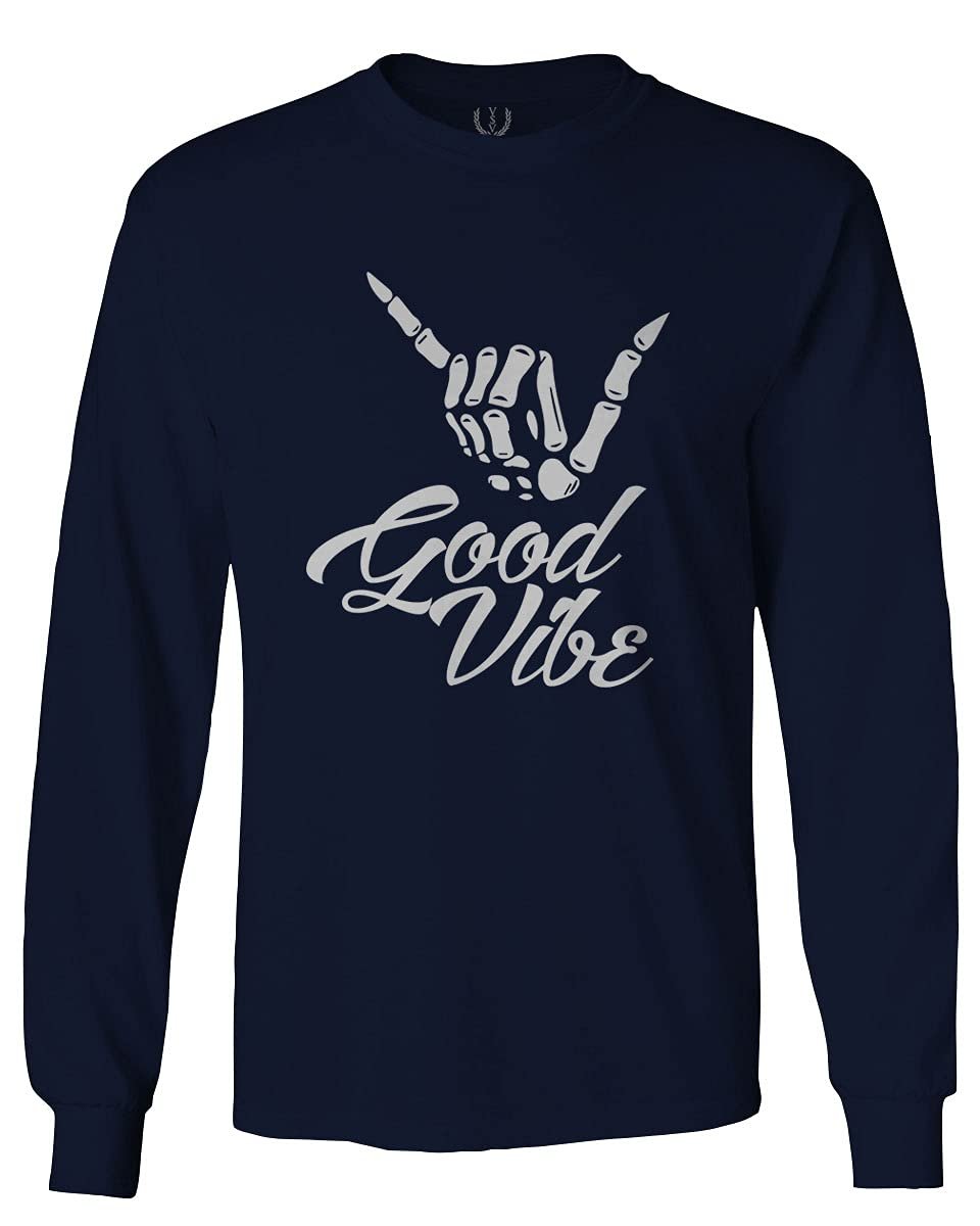 0013. Big Good Vibe Bones Hand Shaka Cool Vintage Hipster Graphic Men's Long Sleeve t Shirt (Characol, 2X Large)