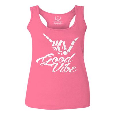 0013. Big Good Vibe Bones Hand Shaka Cool Vintage Hipster Graphic Women's Tank Top Racerback (Pink Large)