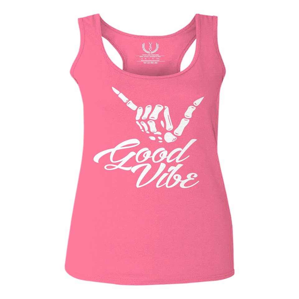 0013. Big Good Vibe Bones Hand Shaka Cool Vintage Hipster Graphic Women's Tank Top Racerback (Pink Large)