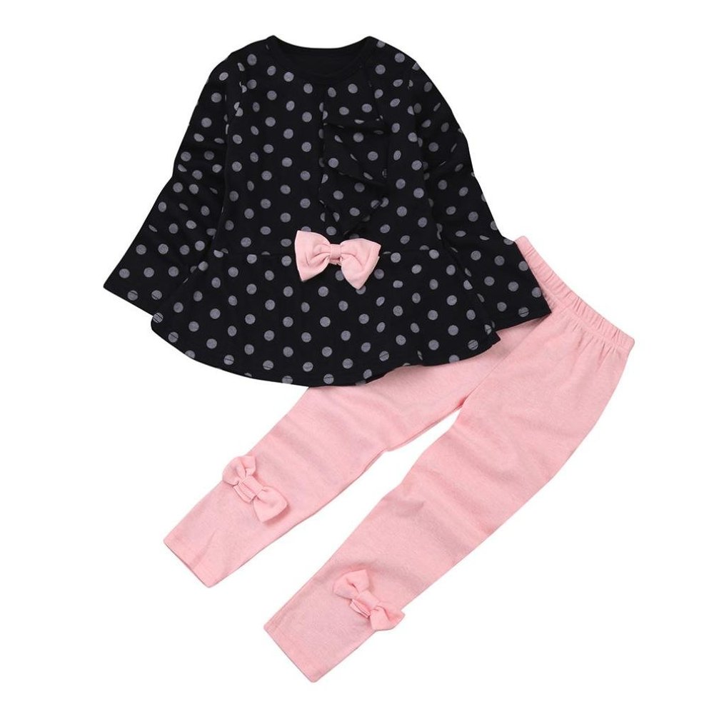 Baby Toddler Girls Kids Autumn Winter Clothes Outfit Cute Dots Print Bow Long Sleeve Top Blouse+Pants Set 2-6 T (2-3 Years Old, Navy)