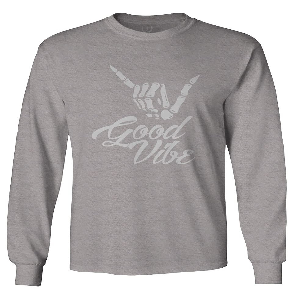 0013. Big Good Vibe Bones Hand Shaka Cool Vintage Hipster Graphic Men's Long Sleeve t Shirt (Light Gray Small)