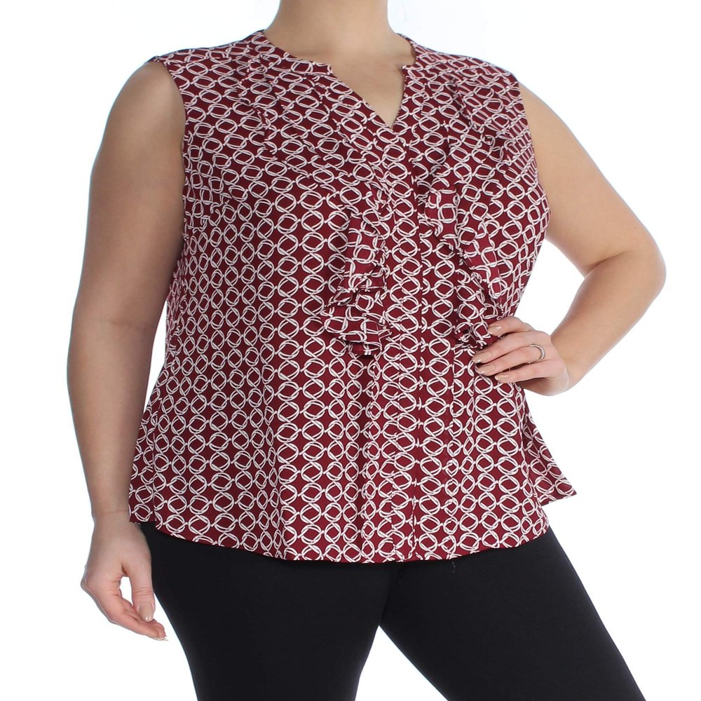Charter CIub Ruffled Blouse Cranberry Red Combo L