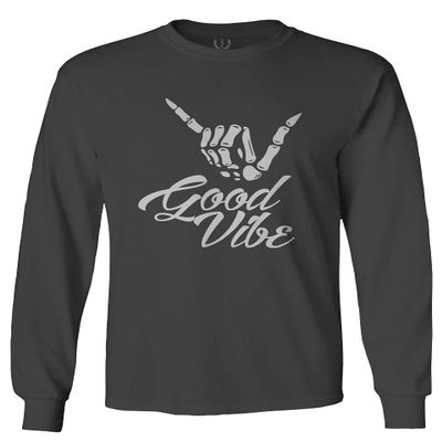 0013. Big Good Vibe Bones Hand Shaka Cool Vintage Hipster Graphic Men's Long Sleeve t Shirt (Characol, Small)