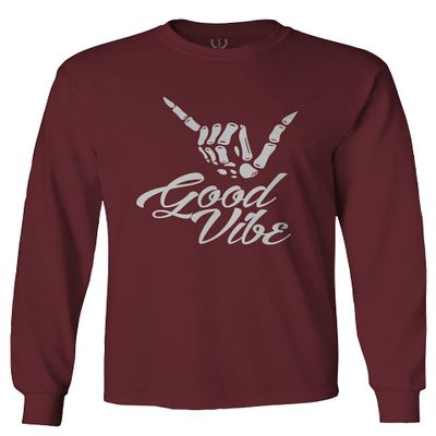 0013. Big Good Vibe Bones Hand Shaka Cool Vintage Hipster Graphic Men's Long Sleeve t Shirt (Maroon Medium)
