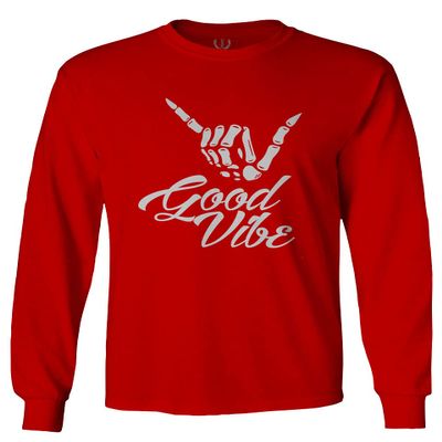 0013. Big Good Vibe Bones Hand Shaka Cool Vintage Hipster Graphic Men's Long Sleeve t Shirt (Red, X-Large)