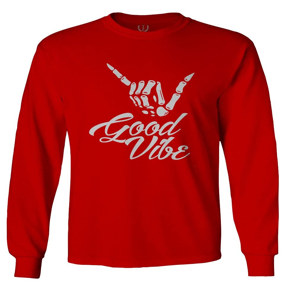 0013. Big Good Vibe Bones Hand Shaka Cool Vintage Hipster Graphic Men's Long Sleeve t Shirt (Red, X-Large)