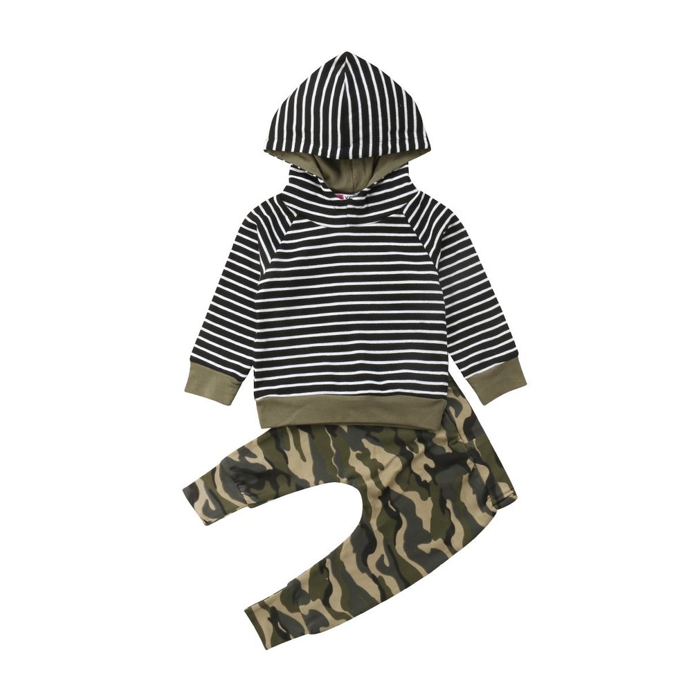 2Pcs Newborn Baby Boys Clothes Long Sleeve Stripe Hooded Sweater Tops + Camouflage Pants Outfits Set