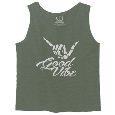 0013. Big Good Vibe Bones Hand Shaka Cool Vintage Hipster Graphic Men's Fitted Tank Top (Olive, X-Large)