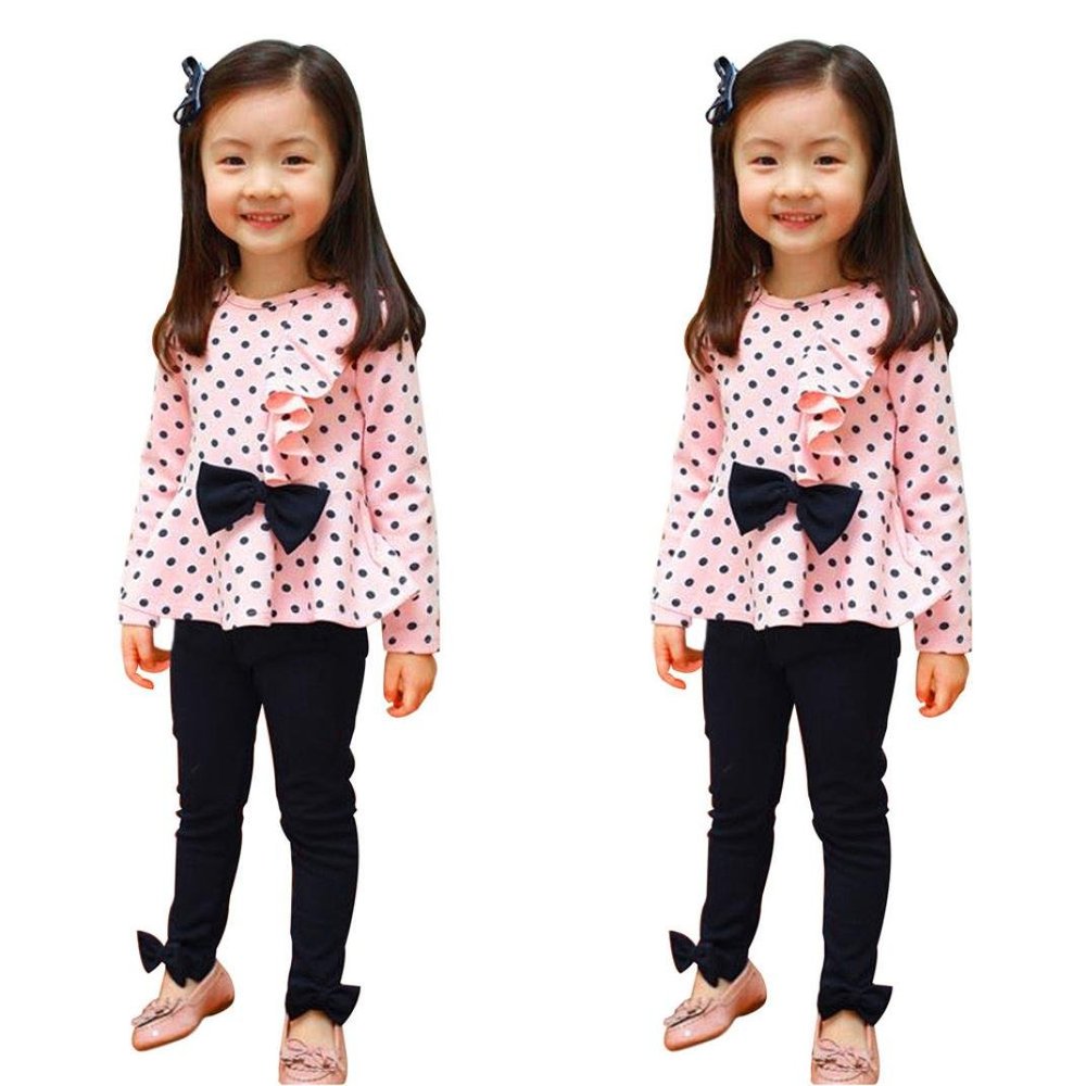 Baby Toddler Girls Kids Autumn Winter Clothes Outfit Cute Dots Print Bow Long Sleeve Top Blouse+Pants Set 2-6 T (3-4 Years Old, Pink)