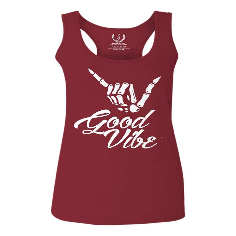 0013. Big Good Vibe Bones Hand Shaka Cool Vintage Hipster Graphic Women's Tank Top Racerback (Maroon, Large)