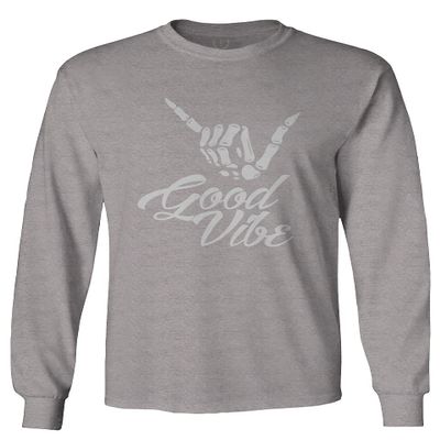 0013. Big Good Vibe Bones Hand Shaka Cool Vintage Hipster Graphic Men's Long Sleeve t Shirt (Light Gray X-Large)