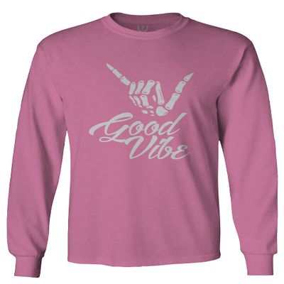 0013. Big Good Vibe Bones Hand Shaka Cool Vintage Hipster Graphic Men's Long Sleeve t Shirt (Pink Small)