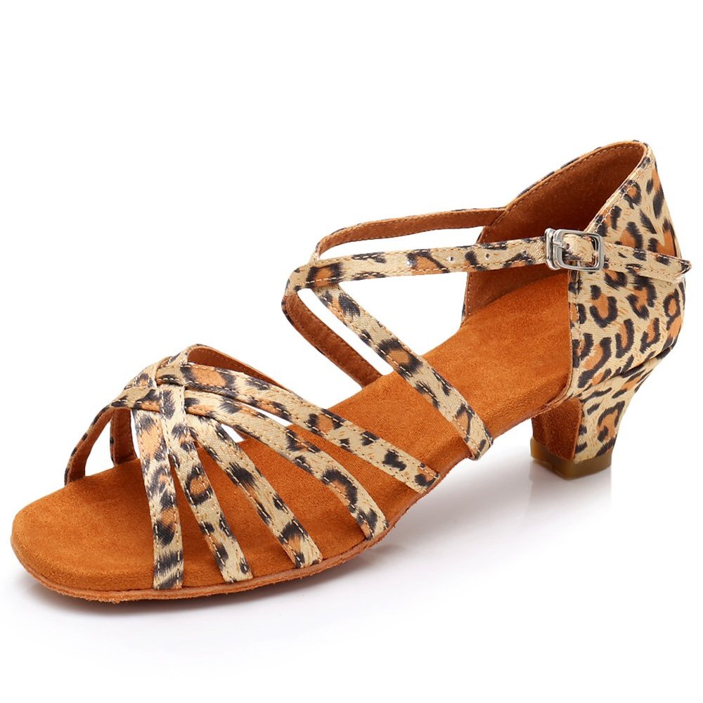 HIPPOSEUS Girls Latin Salsa Dance Shoes Leopard Salsa Ballroom Danc Party Shoes, 6 M Big Kid