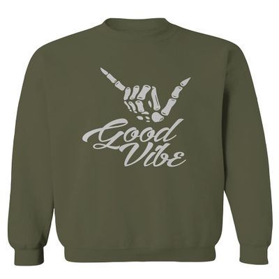 0013. Big Good Vibe Bones Hand Shaka Cool Vintage Hipster Graphic Men's Crewneck Sweatshirt (Olive, Small)