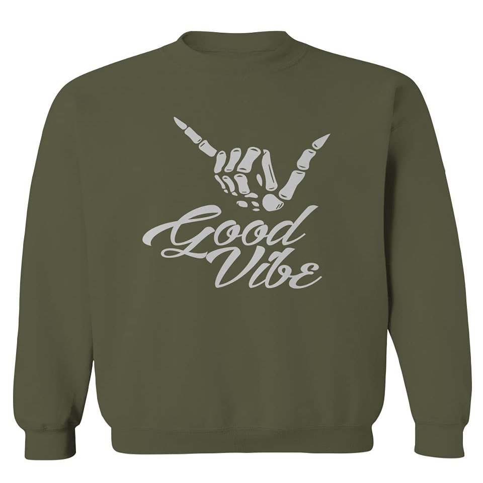 0013. Big Good Vibe Bones Hand Shaka Cool Vintage Hipster Graphic Men's Crewneck Sweatshirt (Olive, Small)