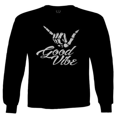 0013. Big Good Vibe Bones Hand Shaka Cool Vintage Hipster Graphic Men's Long Sleeve t Shirt (Black, X-Large)