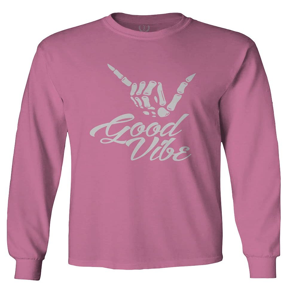 0013. Big Good Vibe Bones Hand Shaka Cool Vintage Hipster Graphic Men's Long Sleeve t Shirt (Pink Medium)