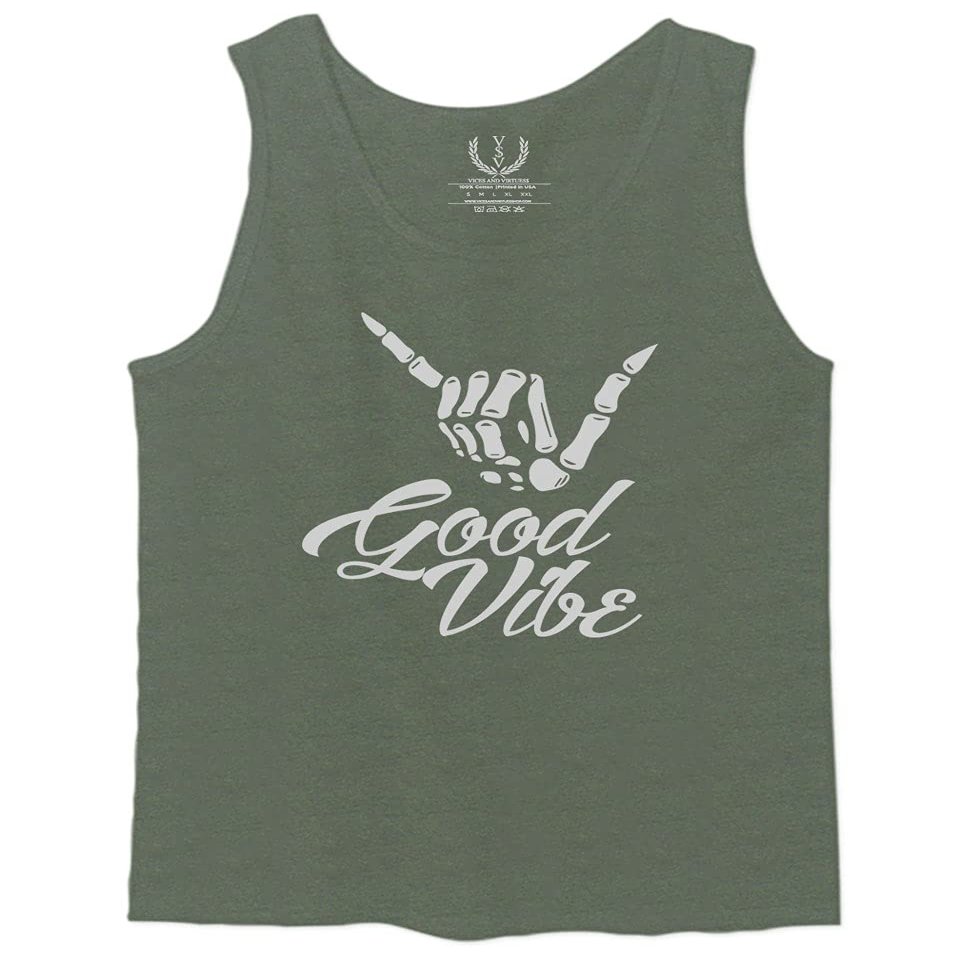 0013. Big Good Vibe Bones Hand Shaka Cool Vintage Hipster Graphic Men's Fitted Tank Top (Olive, Small)
