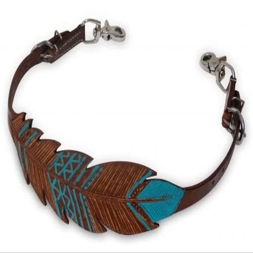Showman Cut-Out Hand Painted Teal Feather Leather Wither Strap