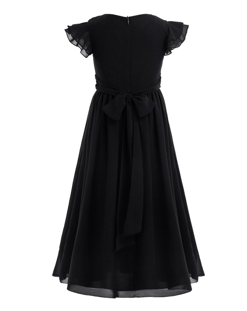 Agoky Flower Girls Ruched Chiffon Weeding Bridesmaid Dresses Flutter Sleeves Pageant Prom Long Dress Black 8