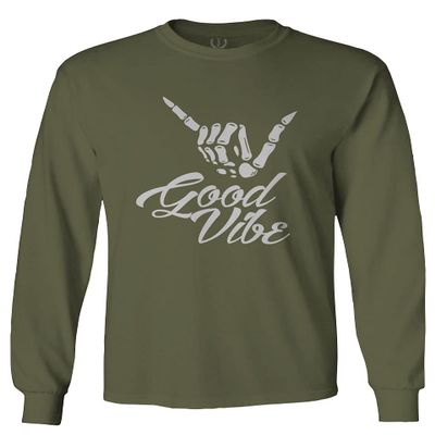 0013. Big Good Vibe Bones Hand Shaka Cool Vintage Hipster Graphic Men's Long Sleeve t Shirt (Olive, Medium)
