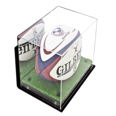 Better Display Cases Acrylic Rugby Ball Display Case Black Risers, Mirror, Turf Base Wall Mount (A004-BR)
