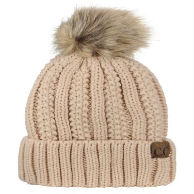C.C Thick Cable Knit Faux Fuzzy Fur Pom Fleece Lined Skull Cap Cuff Beanie, New Beige