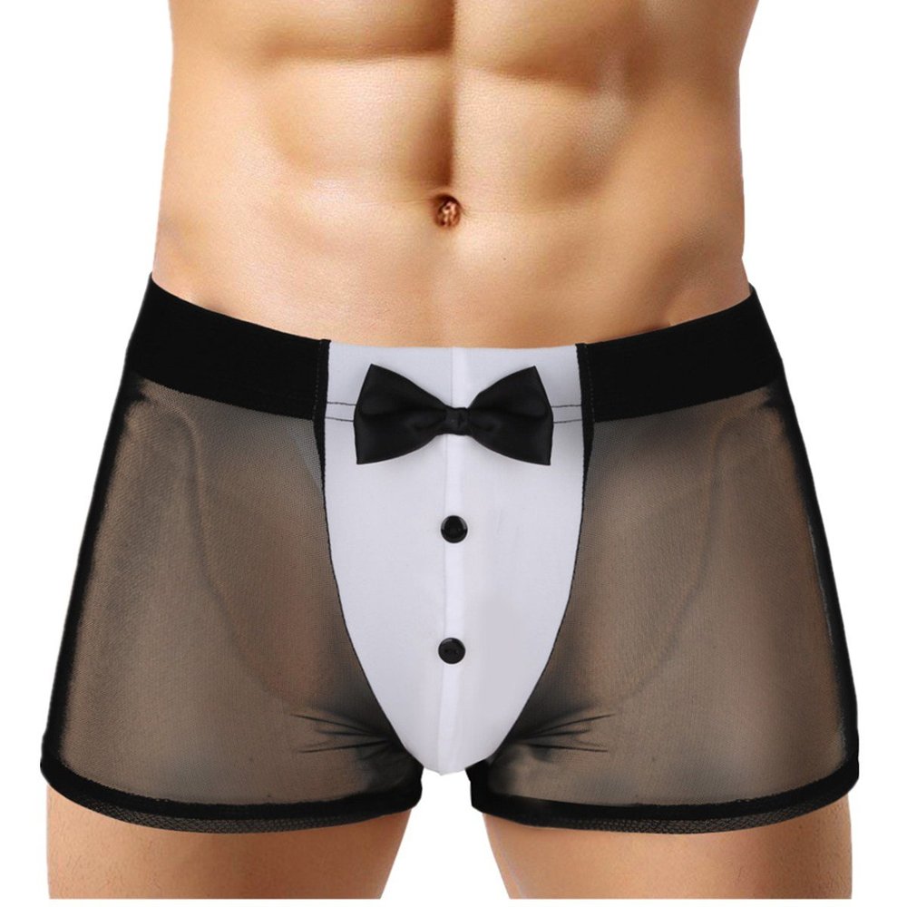 iiniim Novelty Mens Waiter Tuxedo Boxer Brief Underwear Fancy Dress Lingerie Black Sheer Mesh X-Large (Waist 35.5-48.0")