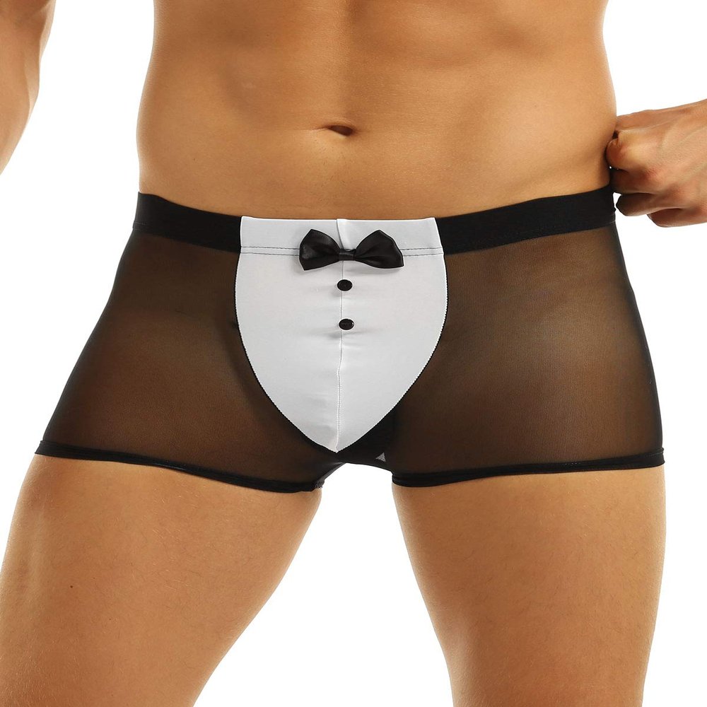 FEESHOW Men's Sexy Tuxedo Bikini Briefs Boxer Shorts Underwear Bow Tie Thongs Waiter Lingerie Black Medium